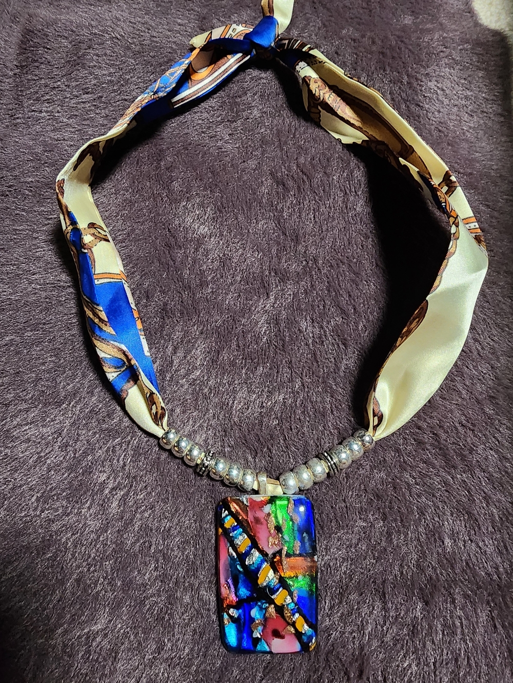 NWOT $20 Multicolor Glass Pendant Necklace with Satin Scarf
